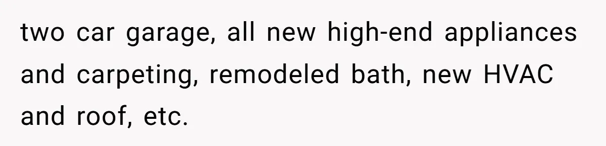 two car garage, all new high-end appliances and carpeting, remodeled bath, new HVAC and roof, etc.