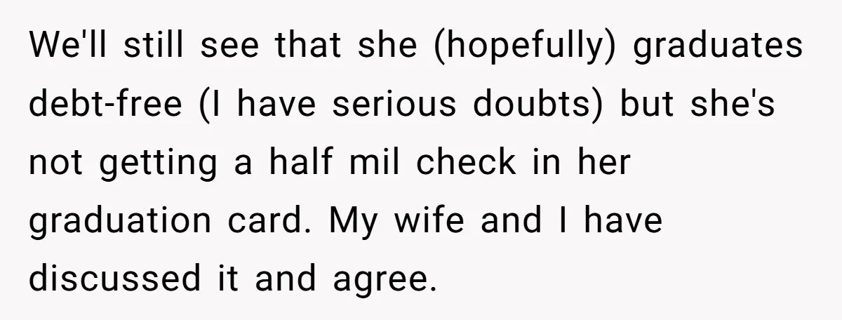 We'll still see that she (hopefully) graduates debt-free (I have serious doubts) but she's not getting a half mil check in her graduation card. My wife and I have discussed...