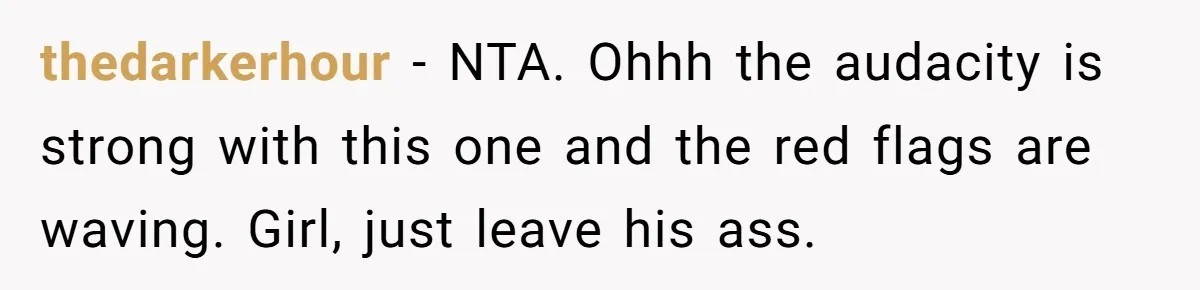 thedarkerhour − NTA. Ohhh the audacity is strong with this one and the red flags are waving. Girl, just leave his ass.