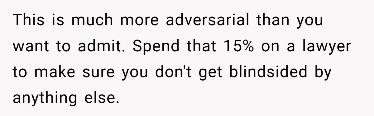 This is much more adversarial than you want to admit. Spend that 15% on a lawyer to make sure you don't get blindsided by anything else.