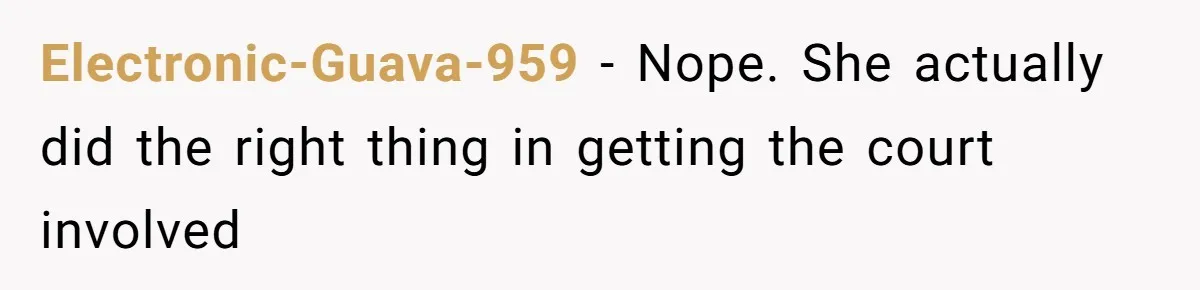 Electronic-Guava-959 − Nope. She actually did the right thing in getting the court involved