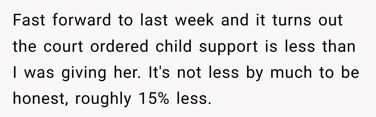 Fast forward to last week and it turns out the court ordered child support is less than I was giving her. It's not less by much to be honest, roughly...