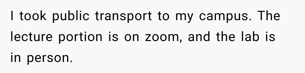 I took public transport to my campus. The lecture portion is on zoom, and the lab is in person.