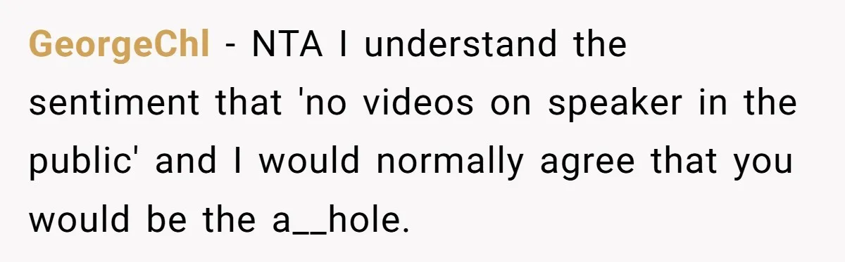 GeorgeChl − NTA I understand the sentiment that 'no videos on speaker in the public' and I would normally agree that you would be the a__hole.