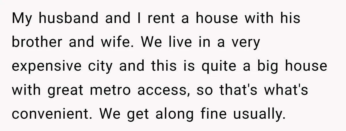 My husband and I rent a house with his brother and wife. We live in a very expensive city and this is quite a big house with great metro access,...