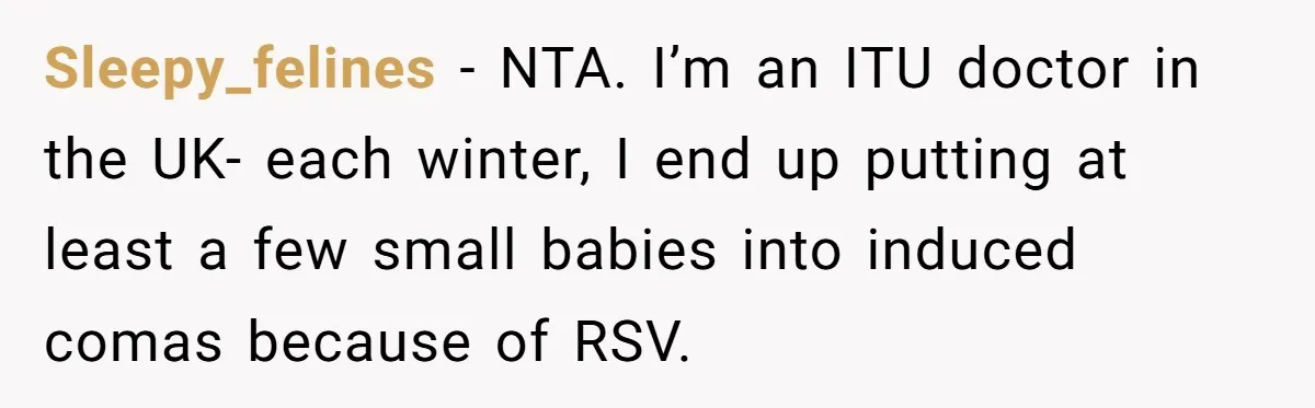 Sleepy_felines − NTA. I’m an ITU doctor in the UK- each winter, I end up putting at least a few small babies into induced comas because of RSV.