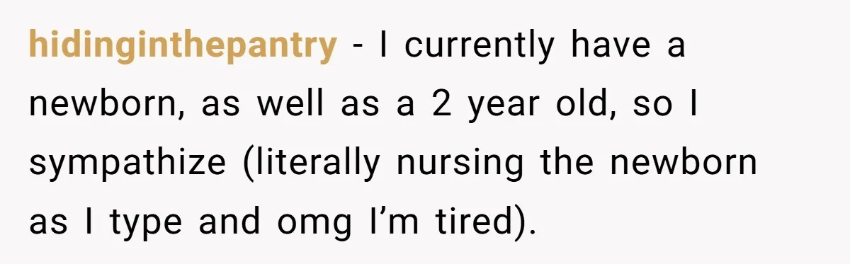 hidinginthepantry − I currently have a newborn, as well as a 2 year old, so I sympathize (literally nursing the newborn as I type and omg I’m tired).