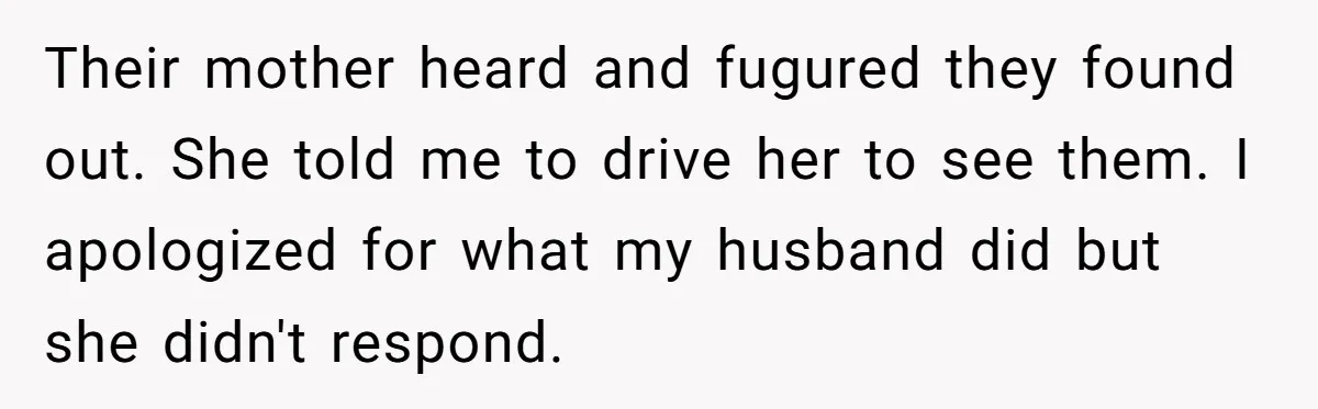 Their mother heard and fugured they found out. She told me to drive her to see them. I apologized for what my husband did but she didn't respond.