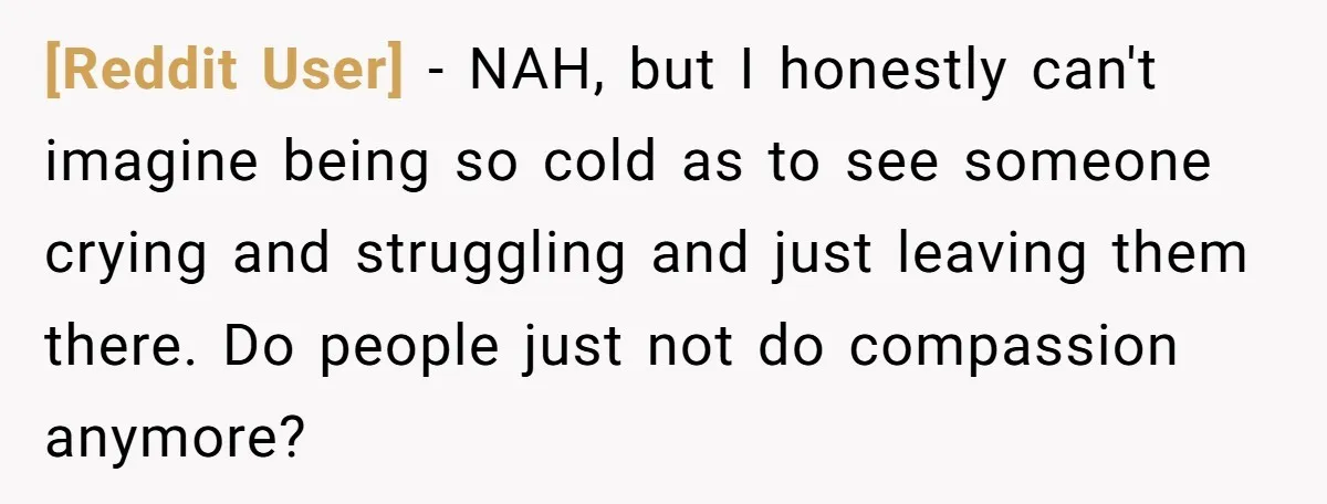 [Reddit User] − NAH, but I honestly can't imagine being so cold as to see someone crying and struggling and just leaving them there. Do people just not do compassion...