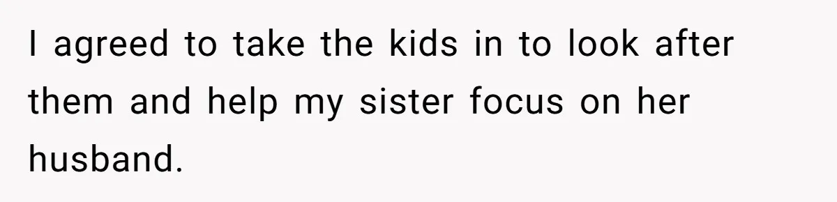I agreed to take the kids in to look after them and help my sister focus on her husband.