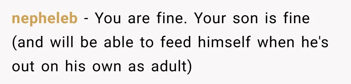 nepheleb − You are fine. Your son is fine (and will be able to feed himself when he's out on his own as adult)