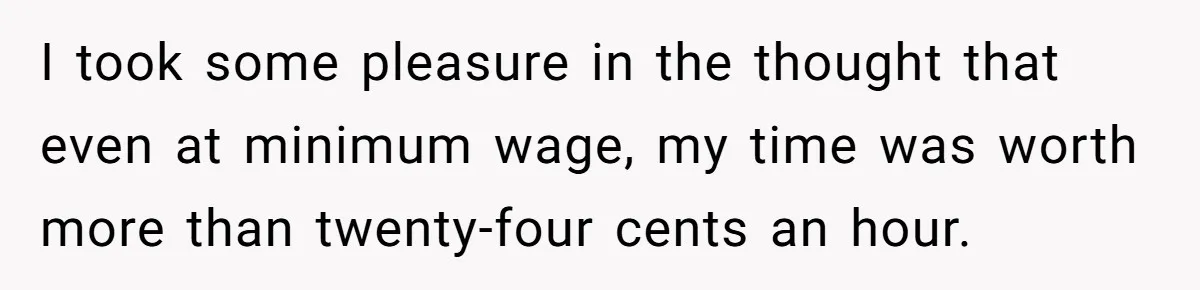 I took some pleasure in the thought that even at minimum wage, my time was worth more than twenty-four cents an hour.
