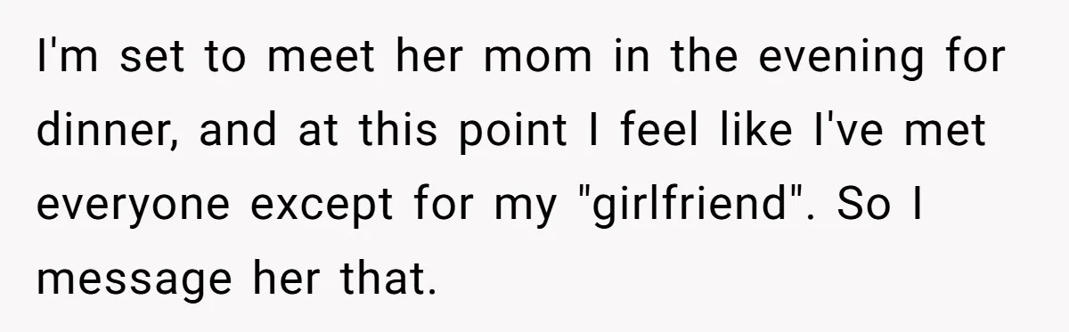 I'm set to meet her mom in the evening for dinner, and at this point I feel like I've met everyone except for my "girlfriend". So I message her that.
