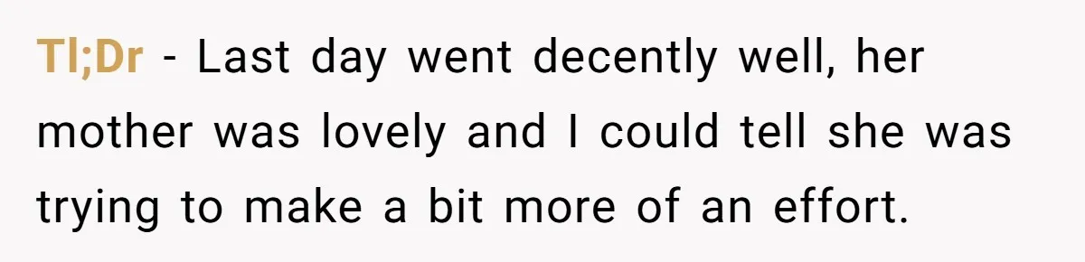Tl;Dr - Last day went decently well, her mother was lovely and I could tell she was trying to make a bit more of an effort.