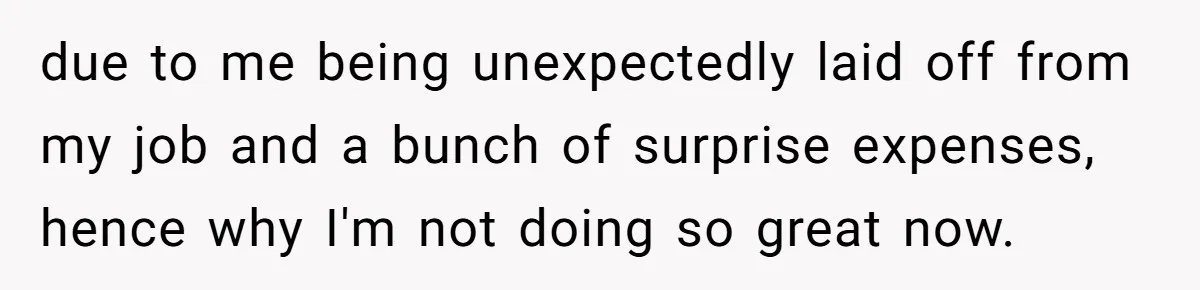 Broke College Student Helps Cousin Financially Only To Get Called Petty After Losing Streaming Access due to me being unexpectedly laid off from my job and a bunch of surprise expenses, hence why I'm not doing so great now.