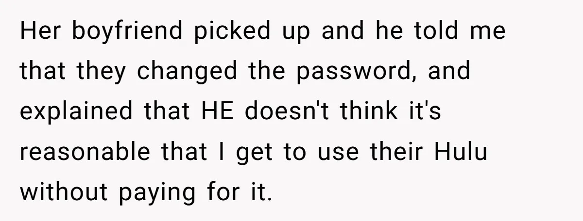 Broke College Student Helps Cousin Financially Only To Get Called Petty After Losing Streaming Access Her boyfriend picked up and he told me that they changed the password, and explained that HE doesn't think it's reasonable that I get to use their Hulu without paying...