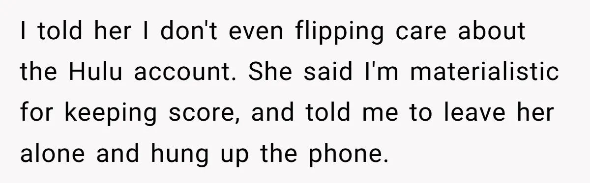 Broke College Student Helps Cousin Financially Only To Get Called Petty After Losing Streaming Access I told her I don't even flipping care about the Hulu account. She said I'm materialistic for keeping score, and told me to leave her alone and hung up the...