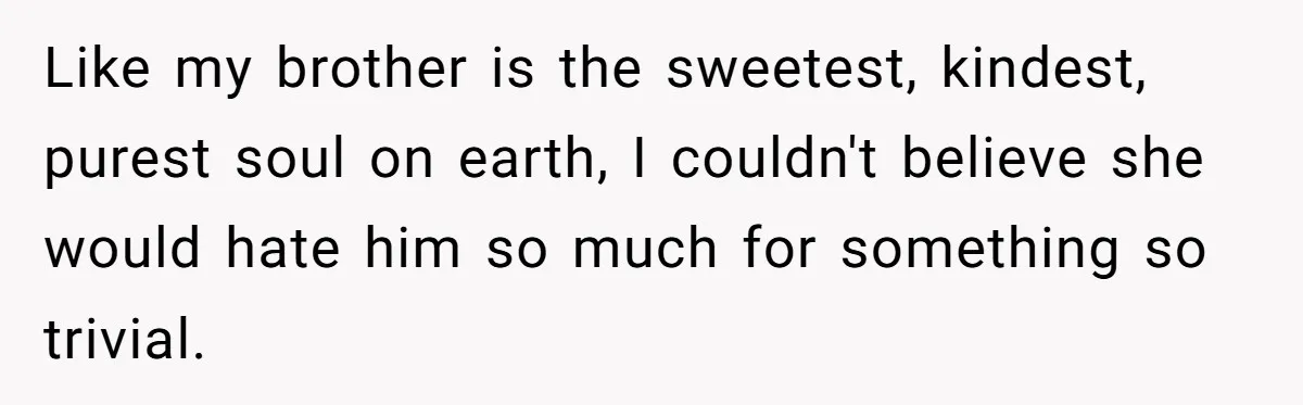 Like my brother is the sweetest, kindest, purest soul on earth, I couldn't believe she would hate him so much for something so trivial.