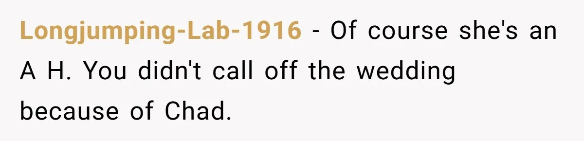 Longjumping-Lab-1916 − Of course she's an A H. You didn't call off the wedding because of Chad.