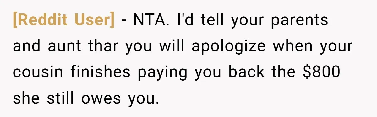 [Reddit User] − NTA. I'd tell your parents and aunt thar you will apologize when your cousin finishes paying you back the $800 she still owes you.