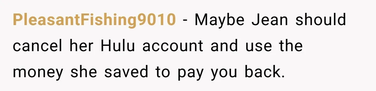 Broke College Student Helps Cousin Financially Only To Get Called Petty After Losing Streaming Access PleasantFishing9010 − Maybe Jean should cancel her Hulu account and use the money she saved to pay you back.
