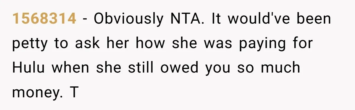 Broke College Student Helps Cousin Financially Only To Get Called Petty After Losing Streaming Access 1568314 − Obviously NTA. It would've been petty to ask her how she was paying for Hulu when she still owed you so much money. T