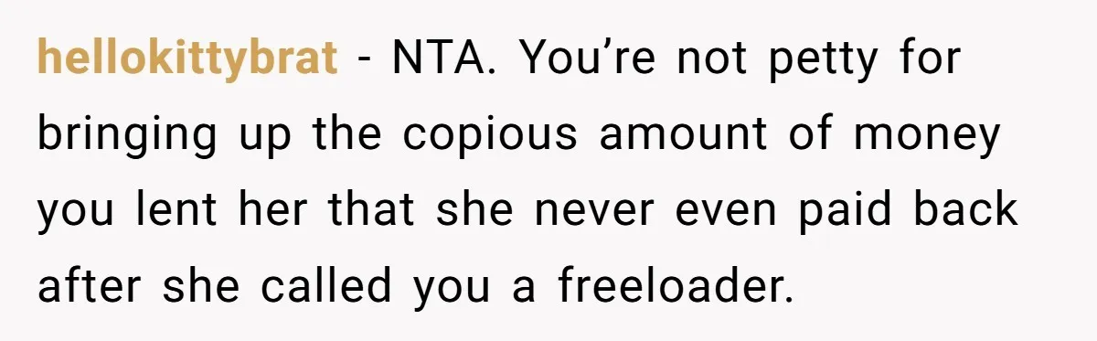 Broke College Student Helps Cousin Financially Only To Get Called Petty After Losing Streaming Access hellokittybrat − NTA. You’re not petty for bringing up the copious amount of money you lent her that she never even paid back after she called you a freeloader.