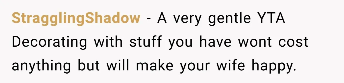 StragglingShadow − A very gentle YTA Decorating with stuff you have wont cost anything but will make your wife happy.