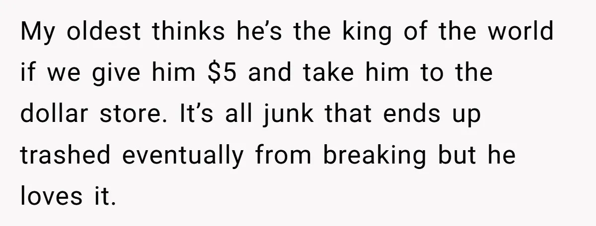 My oldest thinks he’s the king of the world if we give him $5 and take him to the dollar store. It’s all junk that ends up trashed eventually from...