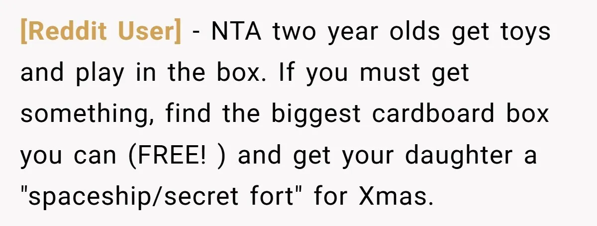 [Reddit User] − NTA two year olds get toys and play in the box. If you must get something, find the biggest cardboard box you can (FREE! ) and get...