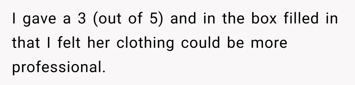 I gave a 3 (out of 5) and in the box filled in that I felt her clothing could be more professional.