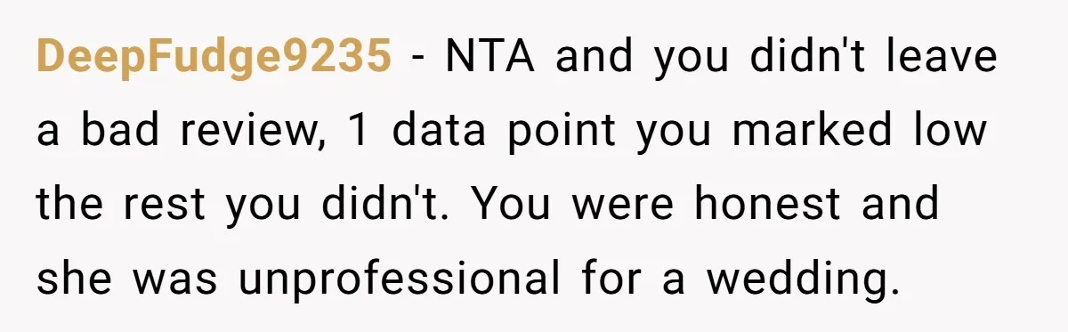 DeepFudge9235 − NTA and you didn't leave a bad review, 1 data point you marked low the rest you didn't. You were honest and she was unprofessional for a wedding.