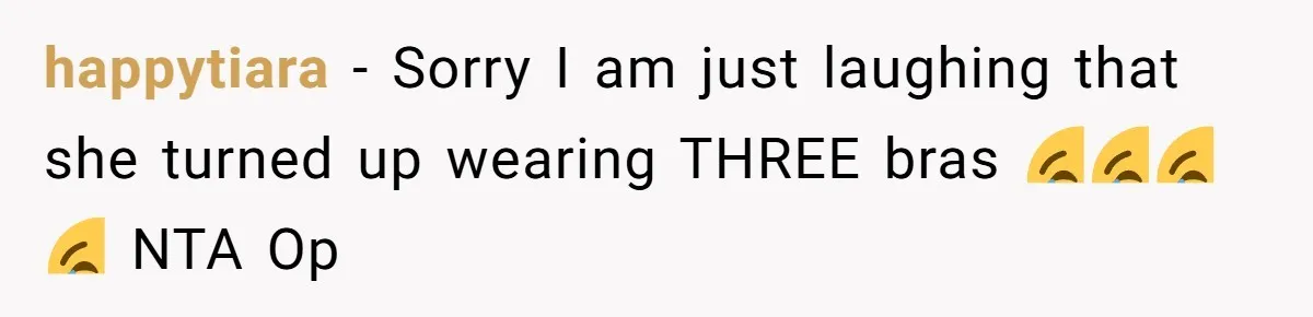 happytiara − Sorry I am just laughing that she turned up wearing THREE bras 😂😂😂😂 NTA Op