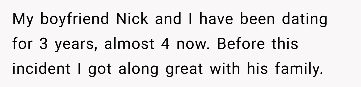 My boyfriend Nick and I have been dating for 3 years, almost 4 now. Before this incident I got along great with his family.