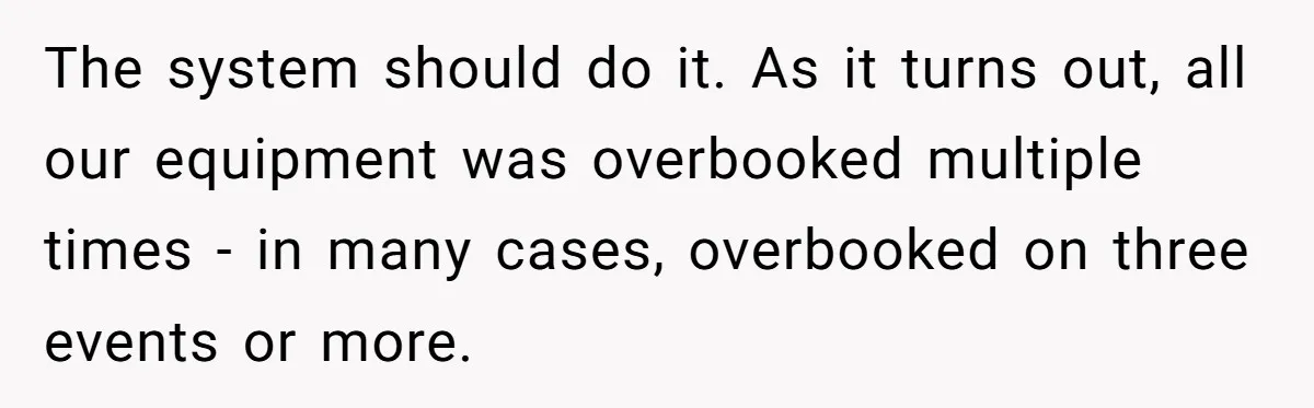Corporate Event Company Overbooks Thousands in Equipment After Software Glitch - Software Firm Forced to Foot the Bill The system should do it. As it turns out, all our equipment was overbooked multiple times - in many cases, overbooked on three events or more.