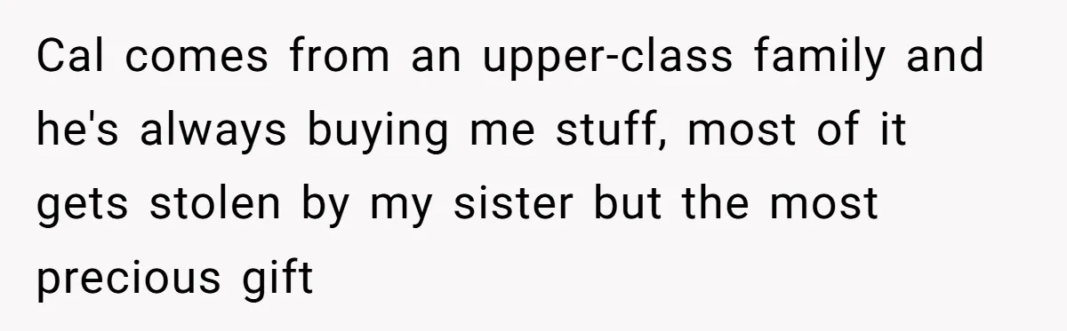Cal comes from an upper-class family and he's always buying me stuff, most of it gets stolen by my sister but the most precious gift
