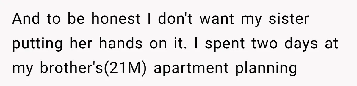 And to be honest I don't want my sister putting her hands on it. I spent two days at my brother's(21M) apartment planning