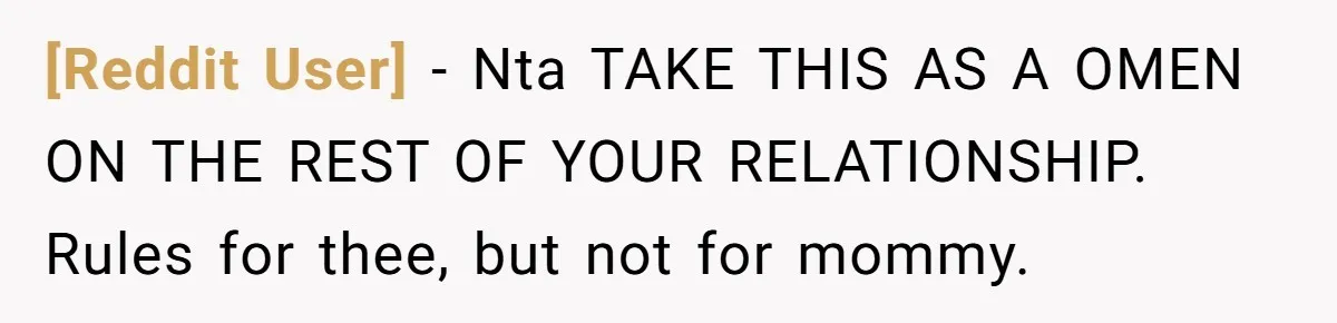 [Reddit User] − Nta TAKE THIS AS A OMEN ON THE REST OF YOUR RELATIONSHIP. Rules for thee, but not for mommy.