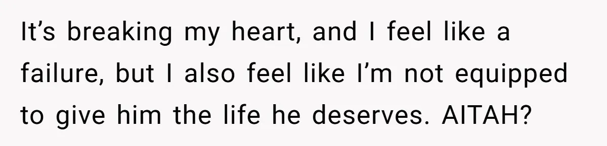 It’s breaking my heart, and I feel like a failure, but I also feel like I’m not equipped to give him the life he deserves. AITAH?