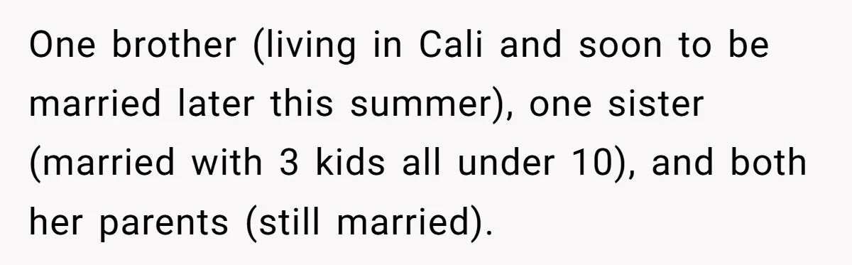 One brother (living in Cali and soon to be married later this summer), one sister (married with 3 kids all under 10), and both her parents (still married).