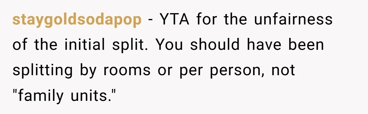 staygoldsodapop − YTA for the unfairness of the initial split. You should have been splitting by rooms or per person, not "family units."