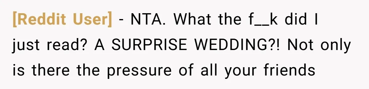 [Reddit User] − NTA. What the f__k did I just read? A SURPRISE WEDDING?! Not only is there the pressure of all your friends