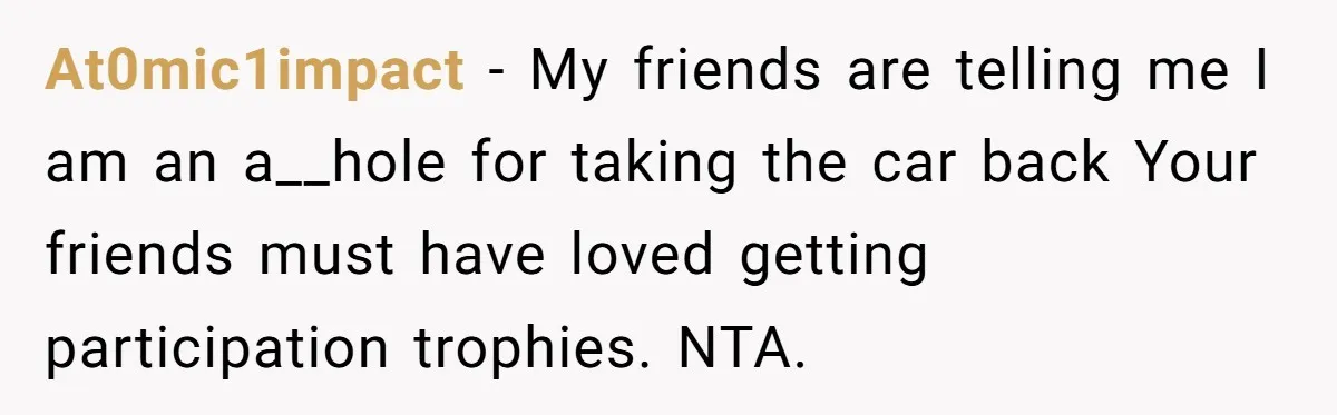 At0mic1impact − My friends are telling me I am an a__hole for taking the car back Your friends must have loved getting participation trophies. NTA.