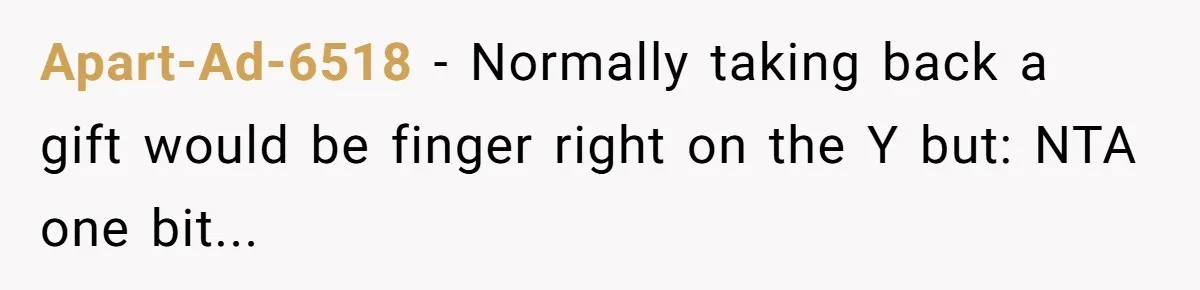 Apart-Ad-6518 − Normally taking back a gift would be finger right on the Y but: NTA one bit...