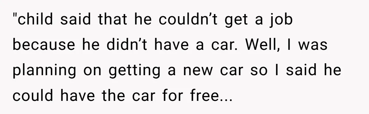 "child said that he couldn’t get a job because he didn’t have a car. Well, I was planning on getting a new car so I said he could have the...
