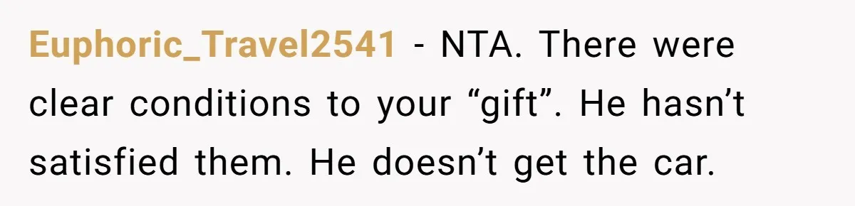 Euphoric_Travel2541 − NTA. There were clear conditions to your “gift”. He hasn’t satisfied them. He doesn’t get the car.