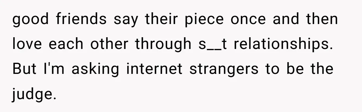 good friends say their piece once and then love each other through s__t relationships. But I'm asking internet strangers to be the judge.