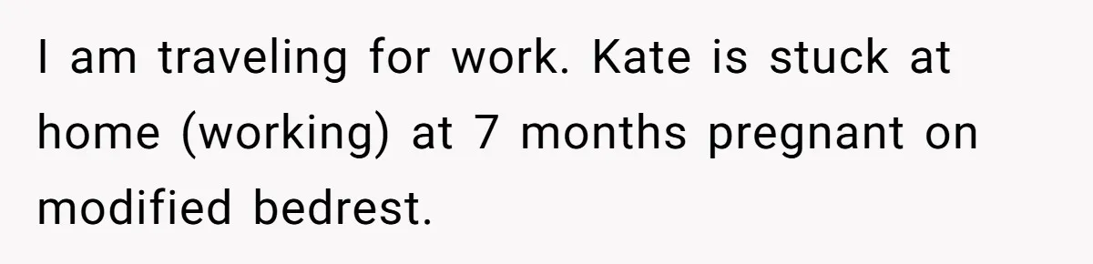 I am traveling for work. Kate is stuck at home (working) at 7 months pregnant on modified bedrest.
