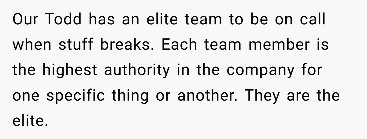 Our Todd has an elite team to be on call when stuff breaks. Each team member is the highest authority in the company for one specific thing or another. They...