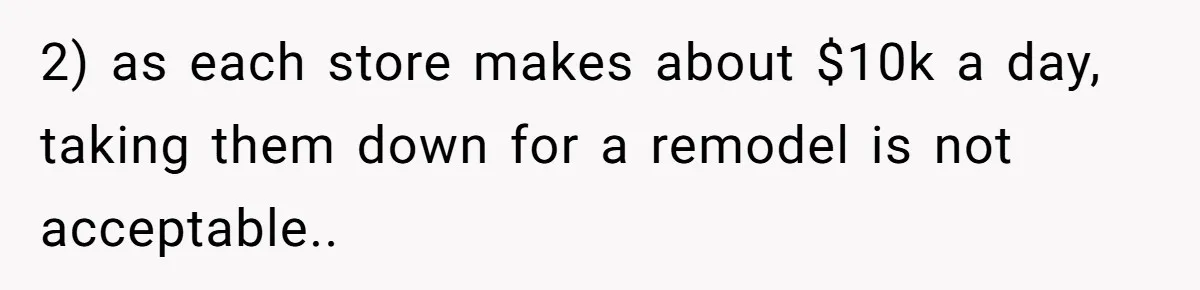 2) as each store makes about $10k a day, taking them down for a remodel is not acceptable..